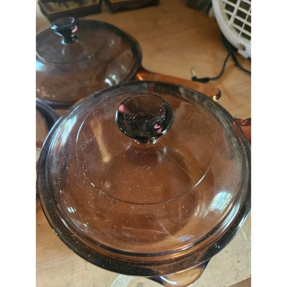 Visions by Corning Amber Glass Cookware Set 3pc Pots Pans w/Lids V-1.5-B V-1-B